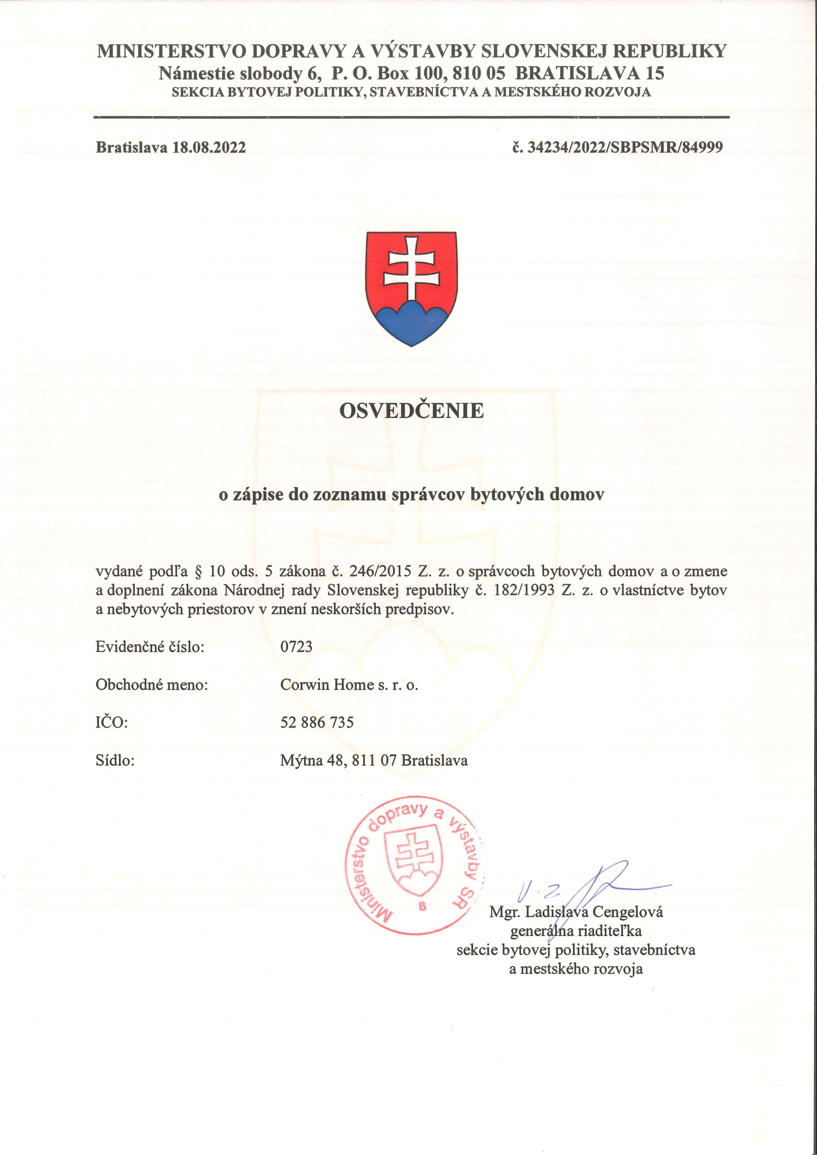 Oznámenie o zápise do zoznamu správcov bytových domov